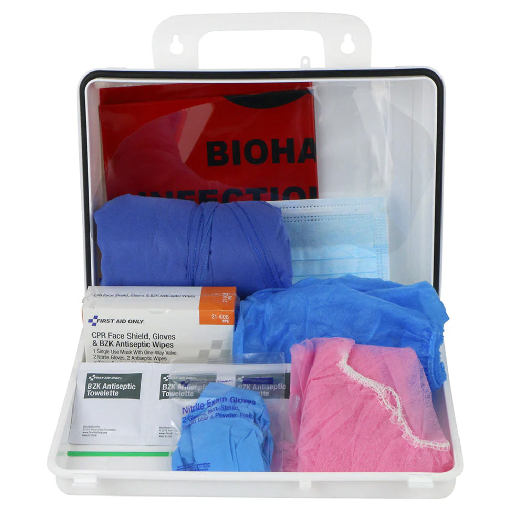 Personal Protection Kit, BBP (Blood borne Pathogen) Spill Clean Up Apparel Kit with CPR Pack, Plastic Case - Set of 10