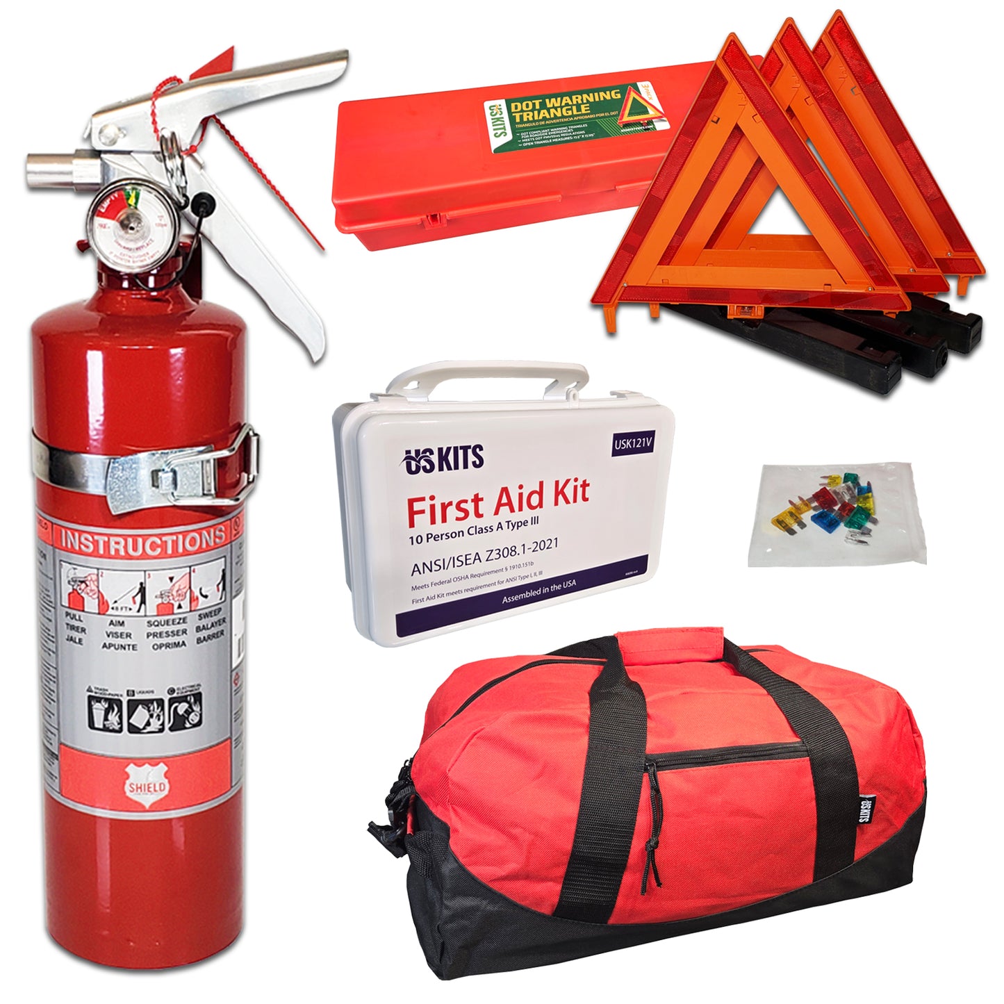 DOT Compliant Auto Emergency Kit with US Made 2.5lb ABC Fire Extinguisher