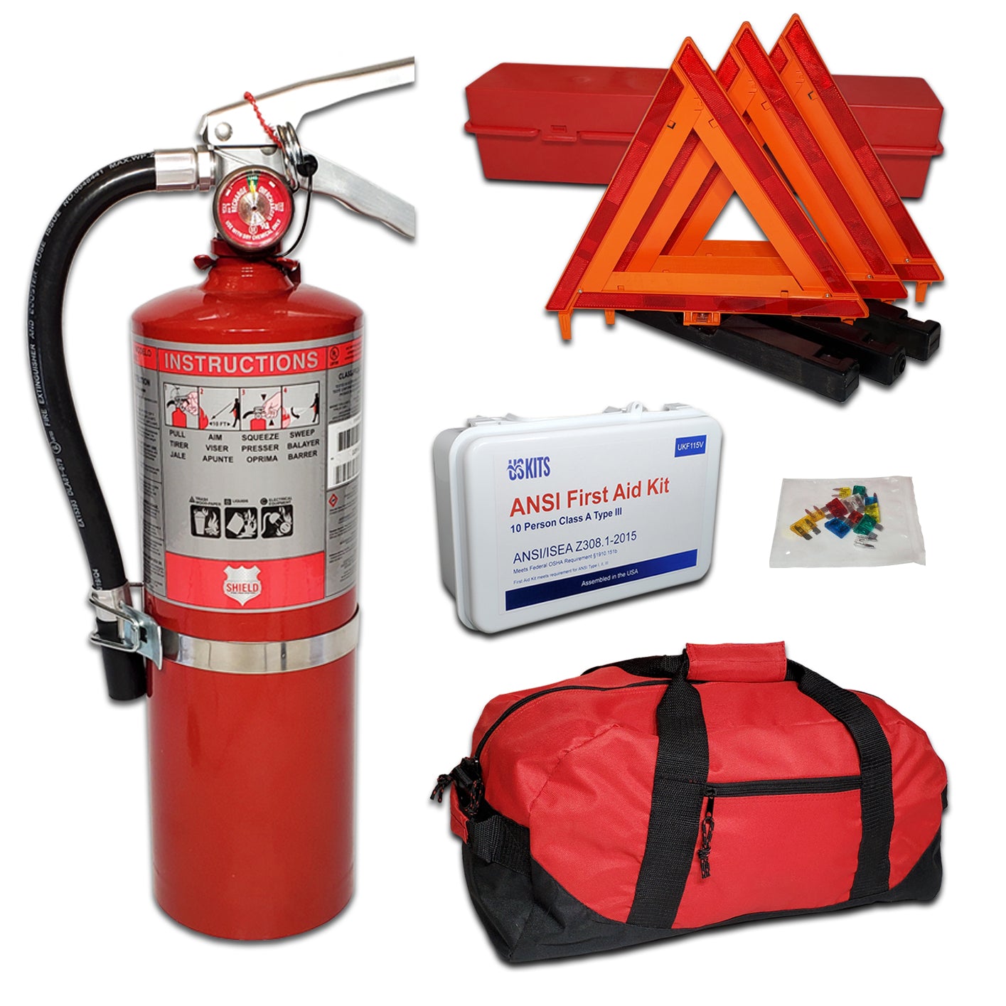 DOT Compliant Auto Emergency Kit with US Made 5lb ABC Fire Extinguisher