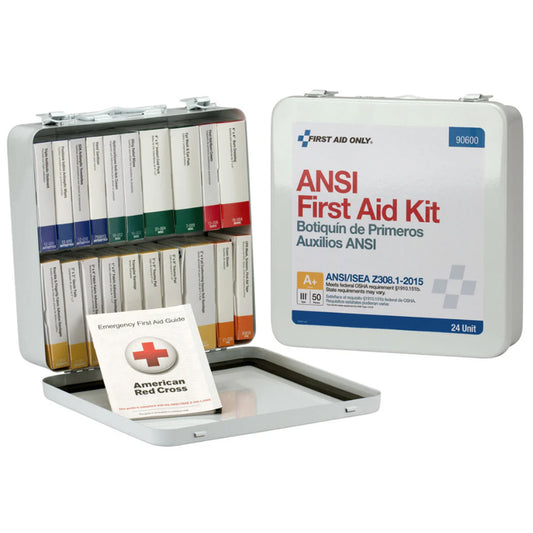 50 Person 24 Unit First Aid Kit, Metal, Weatherproof, ANSI A+, Type III, ANSI 2015 Compliant
