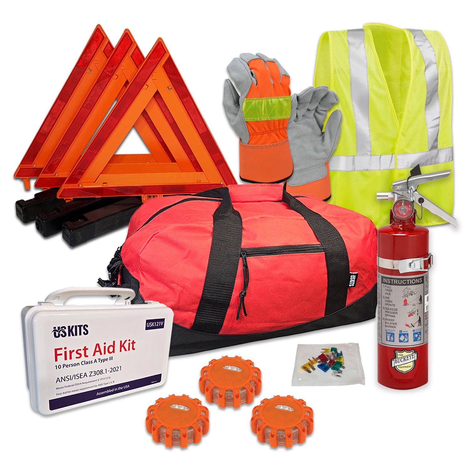 DOT Compliant Auto Emergency Kit - US Made Rechargeable Fire Extinguisher - Hi-Viz - 3 LED Flares