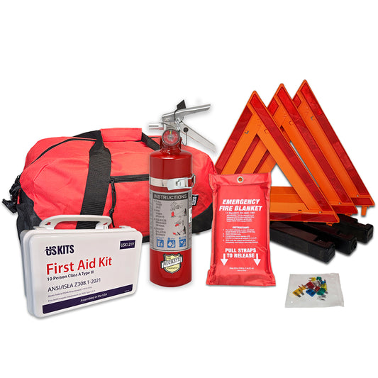 DOT Auto Emergency Kit with Rechargeable US Made Fire Extinguisher and Fire Blanket