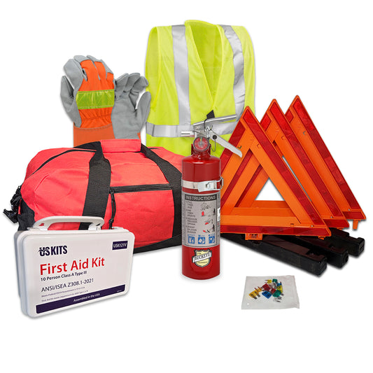 DOT ANSI OSHA Compliant Auto Emergency Kit - US Made Rechargeable Fire Extinguisher - Hi-Viz