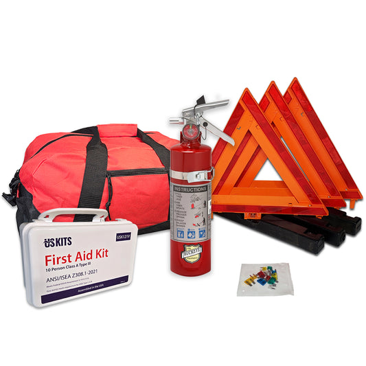 DOT Compliant Auto Emergency Kit with Rechargeable US Made ABC Fire Extinguisher