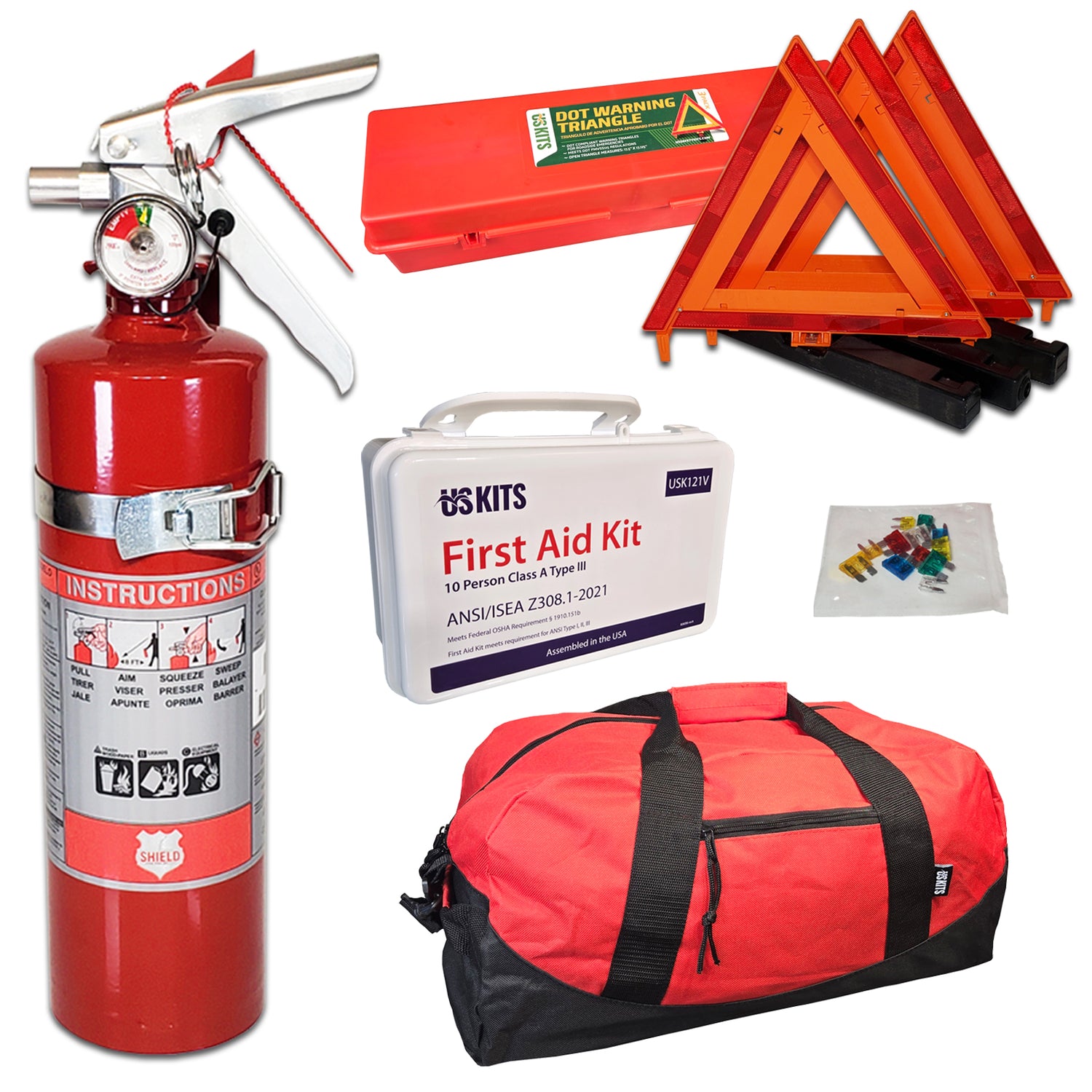 DOT Compliant Auto Emergency Kit with US Made 2.5lb ABC Fire Extinguisher