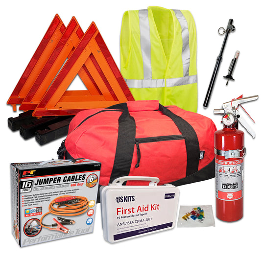DOT Compliant Auto Emergency Kit with 6 GA Jumper Cables and Tire Gauges